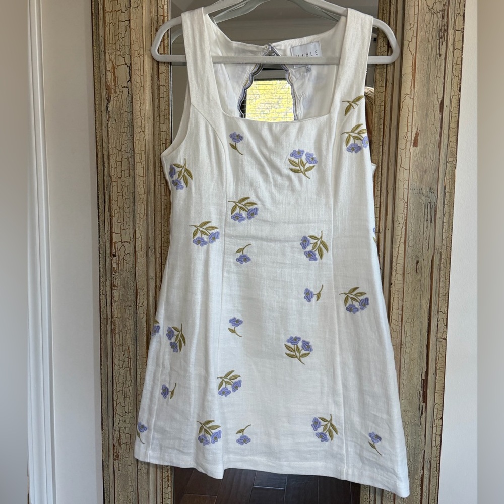 Rue St. Claire White Mini Dress with Lavender Floral Embroidery